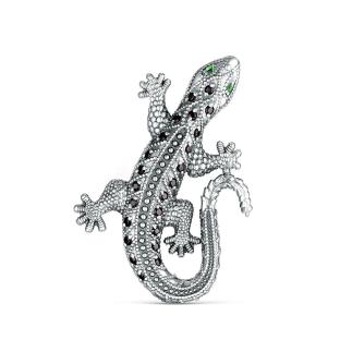 Брошь из чернёного серебра с натуральной шпинелью и фианитами - Ящерица