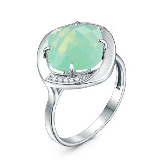 Кольцо из серебра с плавленым кварцем цвета лунный мятный и фианитами родированное