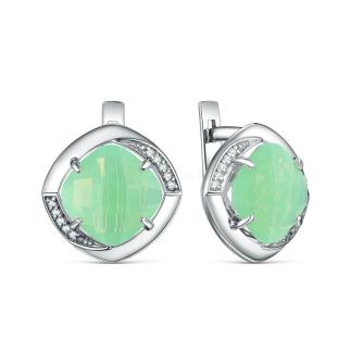 Серьги из серебра с плавленым кварцем цвета лунный мятный и фианитами родированные