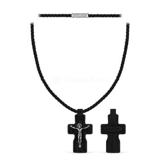 Крест из дерева граб на текстильном шнурке с элементом из чернёного серебра - Распятие 3,5 см