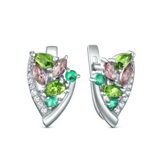 Серьги из серебра с плавленым кварцем микс и фианитами родированные