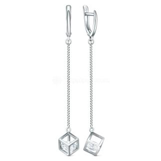 Серьги кубы на цепи из серебра с фианитами родированные