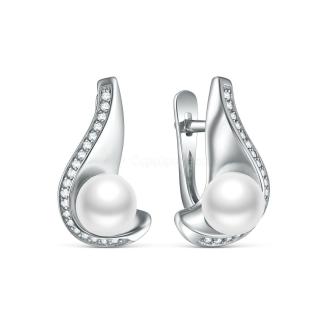 Серьги из серебра с культивированым жемчугом и фианитами родированные