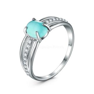 Кольцо из серебра с натуральной бирюзой и фианитами родированное