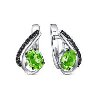 Серьги из серебра с натуральным хризолитом и чёрными фианитами родированные