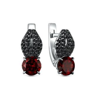 Серьги из серебра с гранатом и чёрной шпинелью родированные