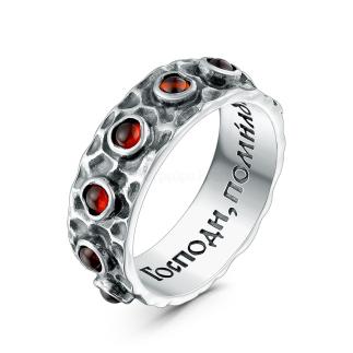 Кольцо из чернёного серебра с гранатом - Господи, помилуй мя
