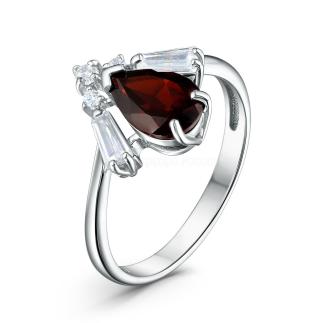 Кольцо из серебра с натуральным гранатом и фианитами родированное