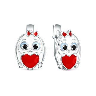 Серьги детские из серебра с эмалью и фианитами родированные - Зайки