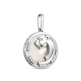 Подвеска из серебра с перламутром и фианитами родированная - Львица