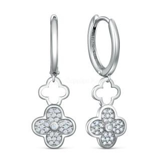 Серьги в форме клевера из серебра с фианитами родированные