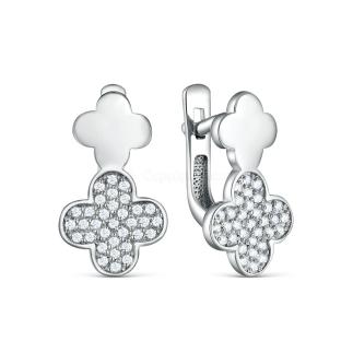 Серьги в форме клевера из серебра с фианитами родированные
