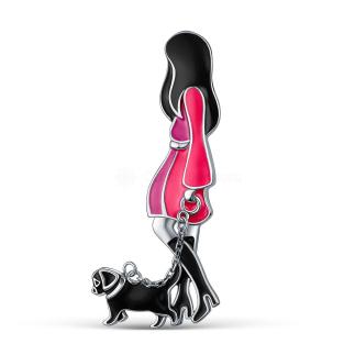 Брошь из серебра с эмалью родированная - Девушка с собачкой