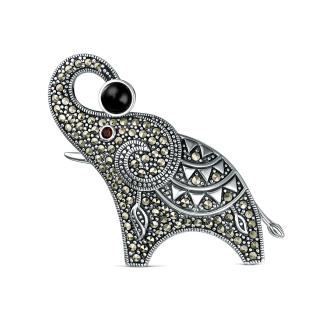 Брошь-кулон из чернёного серебра с натуральным ониксом, натуральным гранатом и марказитами - Слон