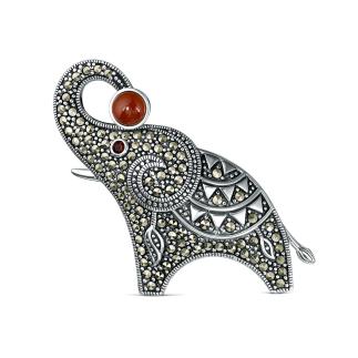 Брошь-кулон из чернёного серебра с натуральным агатом, натуральным гранатом и марказитами - Слон