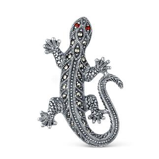 Брошь-кулон из чернёного серебра с натуральным гранатом и марказитами - Ящерица