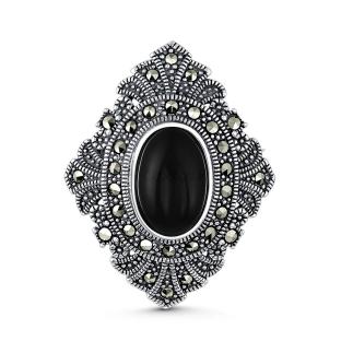 Брошь-кулон из чернёного серебра с натуральным ониксом и марказитами