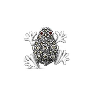 Брошь из чернёного серебра с натуральным гранатом и марказитами - Лягушка