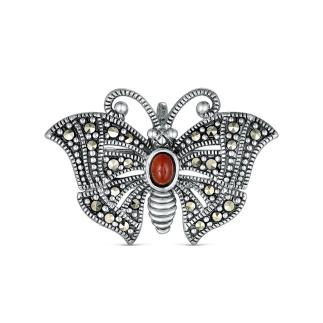 Брошь-кулон из чернёного серебра с натуральным агатом и марказитами - Бабочка