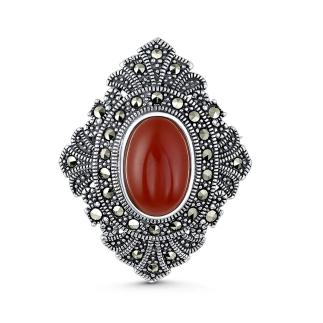 Брошь-кулон из чернёного серебра с натуральным агатом и марказитами