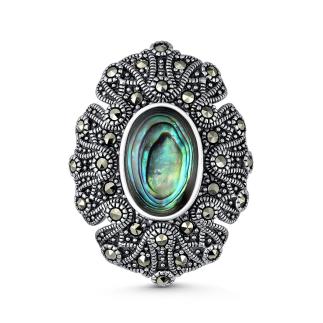 Брошь-кулон из чернёного серебра с натуральным перламутром и марказитами