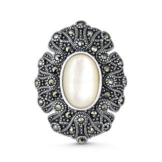 Брошь-кулон из чернёного серебра с натуральным перламутром и марказитами