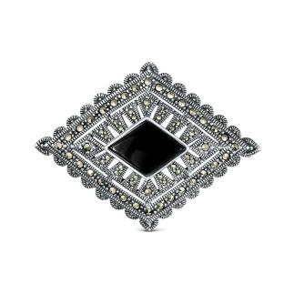 Брошь-кулон из чернёного серебра с натуральным ониксом и марказитами