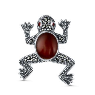 Брошь-кулон из чернёного серебра с агатом, натуральным гранатом и марказитами - Лягушка