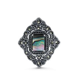 Брошь-кулон из чернёного серебра с натуральным перламутром и марказитами - Ромб