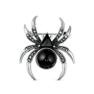 Брошь-кулон из чернёного серебра с натуральным ониксом и марказитами - Паук