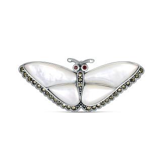 Брошь-кулон из чернёного серебра с натуральным перламутром, натуральным гранатом и марказитами - Бабочка