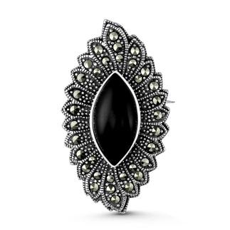 Брошь-кулон из чернёного серебра с натуральным чёрным ониксом и марказитами