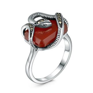 Кольцо из чернёного серебра с натуральным агатом и марказитами- Змея