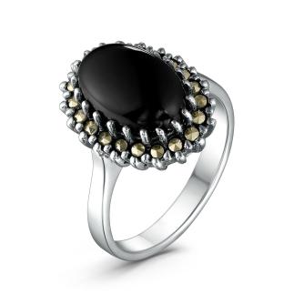 Кольцо из чернёного серебра с натуральным ониксом и марказитами