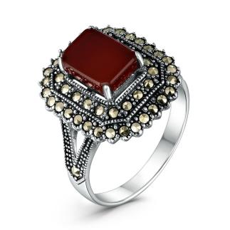 Кольцо из чернёного серебра с натуральным агатом и марказитами
