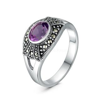 Кольцо из чернёного серебра с натуральным аметистом и марказитами