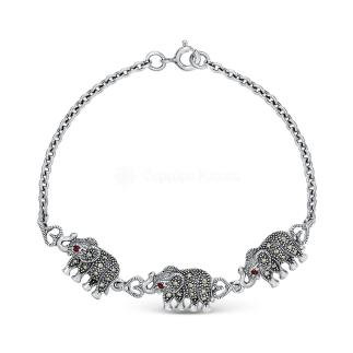 Браслет из чернёного серебра с натуральным гранатом и марказитами - Слоны