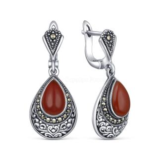 Серьги из чернёного серебра с агатом и марказитами