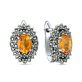 Серьги из чернёного серебра с натуральным цитрином и марказитами