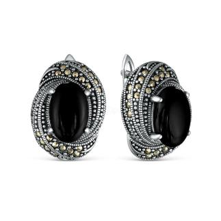 Серьги из чернёного серебра с натуральным ониксом и марказитами