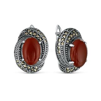Серьги из чернёного серебра с натуральным агатом и марказитами