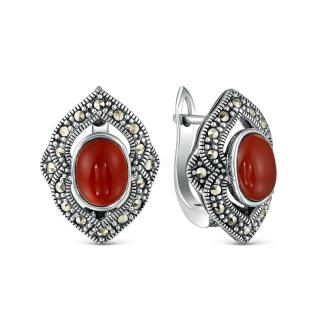 Серьги из чернёного серебра с агатом и марказитами