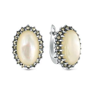 Серьги из чернёного серебра с натуральным перламутром и марказитами 