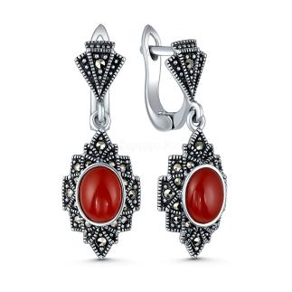 Серьги из чернёного серебра с натуральным агатом и марказитами