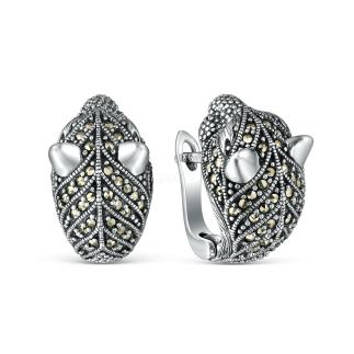 Серьги из чернёного серебра с натуральным гранатом и марказитами - Кошки