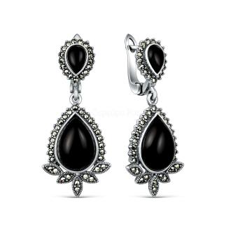 Серьги из чернёного серебра с ониксом и марказитами