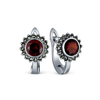 Серьги из чернёного серебра с натуральным гранатом и марказитами