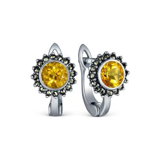 Серьги из чернёного серебра с натуральным цитрином и марказитами