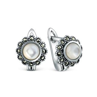 Серьги из чернёного серебра с перламутром и марказитами