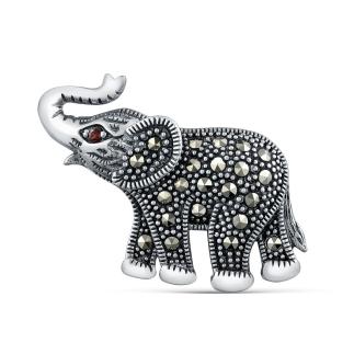 Брошь из чернёного серебра с натуральным гранатом и марказитами - Слон